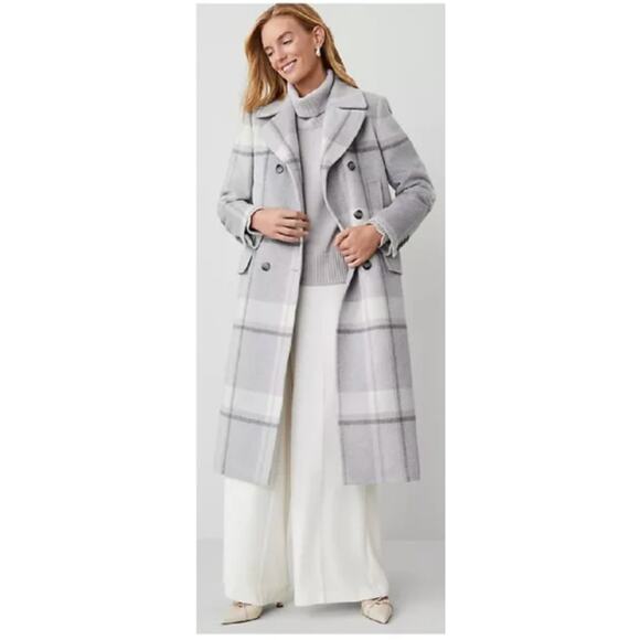 Ann Taylor Jackets & Blazers - NWOT Ann Taylor Wool Blend Grey White Plaid Long Peacoat XS